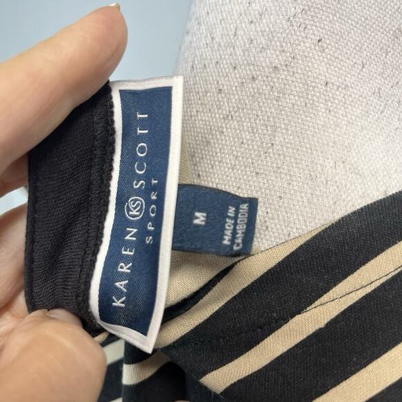 Karen Scott Sport Dress size Medium Black Khaki Striped Stretch Jersey Knee Slim - Picture 8 of 8